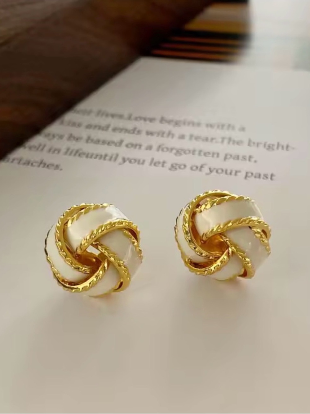 Gold & White Knot Stud Earrings - Elegant Women Jewelry. Zinc alloy